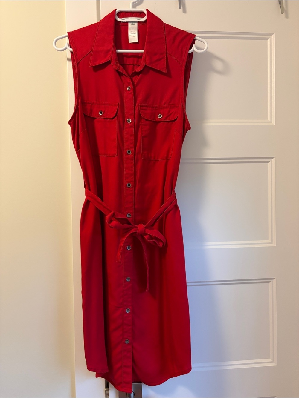 cleo Sleeveless Red Midi Shirt Dress with Tie Waist